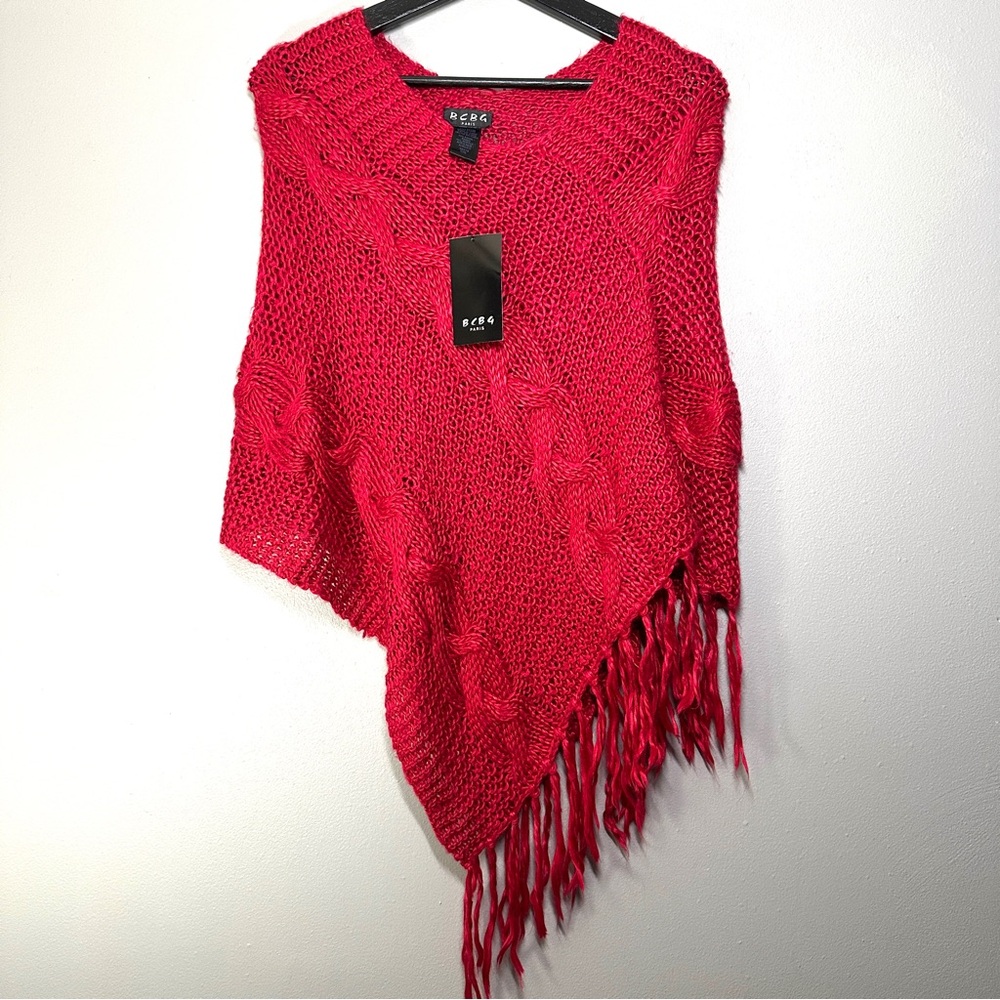 NWT BCBG Paris Red Cable-Knit Fringe Sweater Poncho One Size